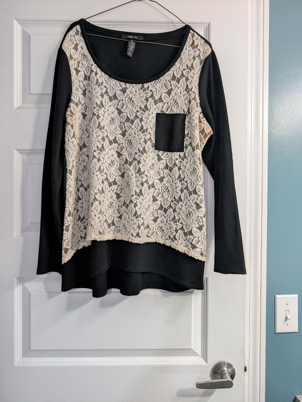 Style & Co. Black Long-Sleeve Top with Cream Lace Front